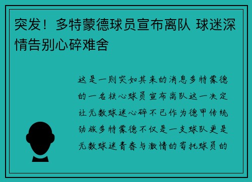 突发!多特蒙德球员宣布离队 球迷深情告别心碎难舍 突发!多特蒙德球员宣布离队 球迷深情告别心碎难舍