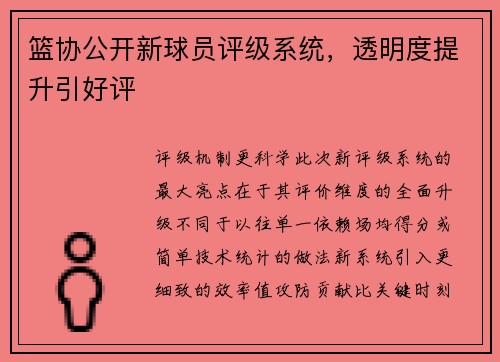 篮协公开新球员评级系统，透明度提升引好评