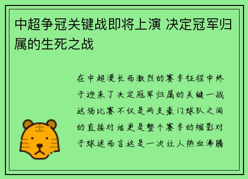 中超争冠关键战即将上演 决定冠军归属的生死之战